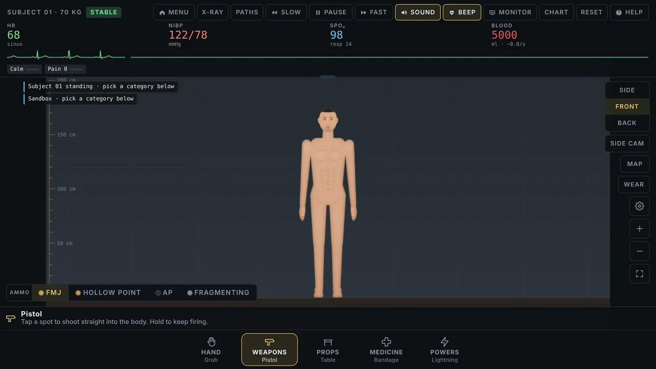 Trauma Lab game screenshot – the test subject standing in the lab with the patient monitor on top